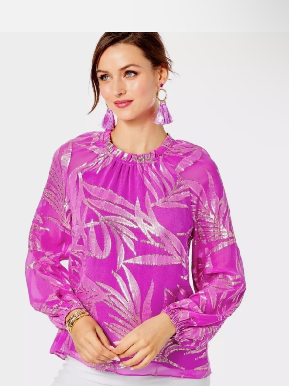 Lilly Pulitzer CALINE LONG SLEEVE PALM LEAF SILK CHIFFON